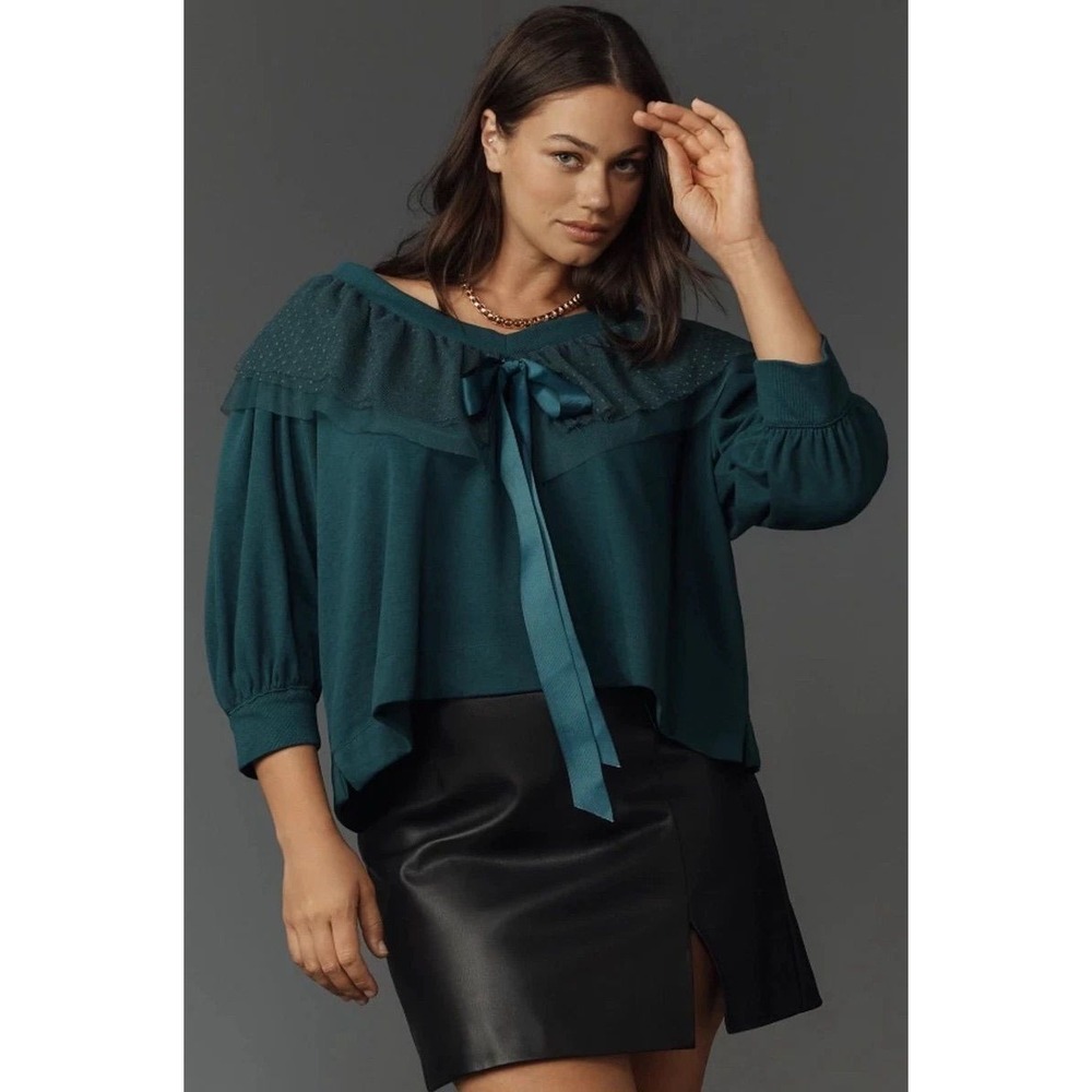 Anthropologie x Maeve V-Neck Pullover Bow Sweater | Boxy & Cropped Fit Sz XL NWT